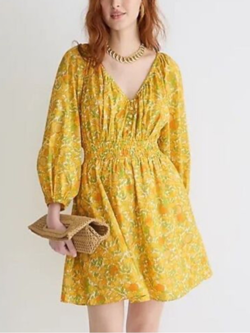 J. Crew Yellow Floral V-Neck Smocked Waist Mini Dress